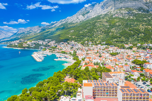 Aerial view of town of Baska Voda, Makarska riviera, Dalmatia, Croatia