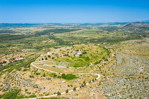 Aerial view of Bribirska Glavica historic town on the hill, Dalmatia, Croatia