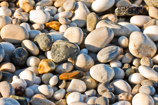 A selection of weathered colorful pebbles strewn across the old wooden floor of a beach hut at the seaside.