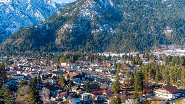 paesaggio di leavenworth al mattino - tree leavenworth snow sky foto e immagini stock