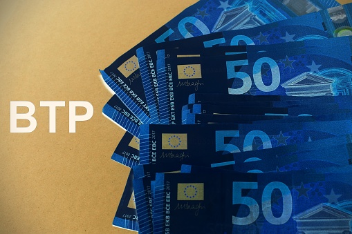 European banknotes with text BTP translating as Italian government bonds.