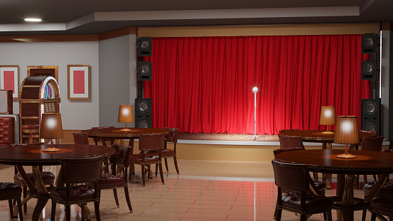 Restaurant interior with stage. 3d illustration