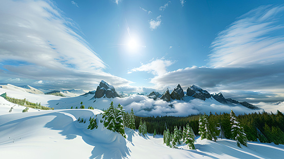 Dramatic wintry scene with snowy trees, little planet format