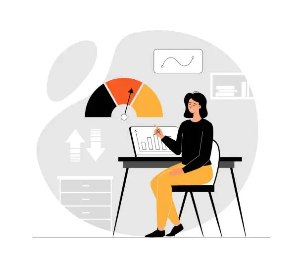 Vector illustration of Benchmarking concept. Benchmark business development. Analysis financial statistics, data, graph, chart, report of a leader competitor's company. Illustration with people scene in flat design for web