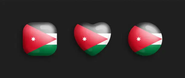Vector illustration of Jordan Official National Flag 3D Vector Glossy Icons Isolated On Black Background