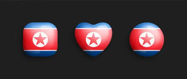 Vector illustration of North Korea Official National Flag 3D Vector Glossy Icons Isolated On Black Background