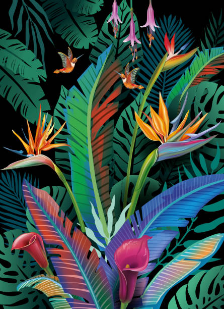 istock Background with tropical flowers, leaves and birds 1917649794