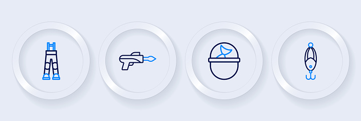 Set line Fishing lure bucket with fish hook and Fisherman pants icon. Vector.