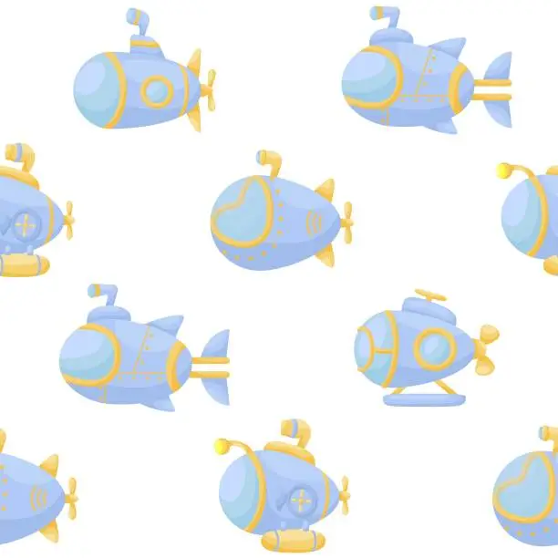Vector illustration of Cute children's seamless pattern with submarines. Creative kids texture for fabric, wrapping, textile, wallpaper, apparel. Vector illustration