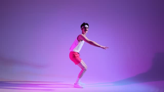 Funny 80s Man Squats on Purple Background