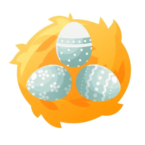 Vector illustration of Three Easter blue eggs with patterns in a nest made of straw, top view. Cartoon nest with painted eggs on a white background. Vector illustration. Template for design on an Easter theme.