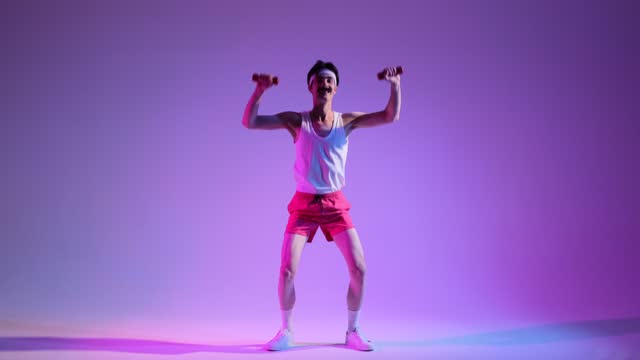 80s Smiling Nerd Does Squats with Dumbbells on Purple Background