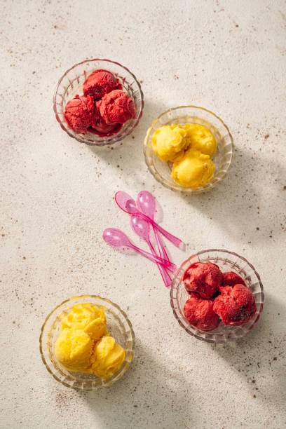 Refreshin fruit sorbet in glass bowls overhead