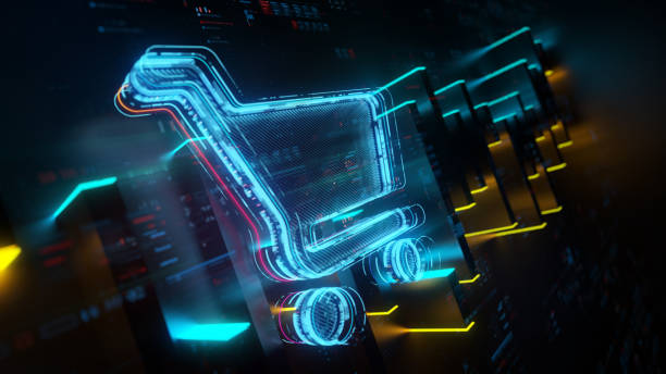 istock Digital cart icon on future tech background. Online shopping evolution. Futuristic shopping cart icon and abstract chart in world of technological progress and innovation. CGI 3D render 1917724759
