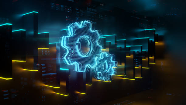 istock Digital gears on future tech background. Productivity evolution. Futuristic gears and digital chart in world of technological progress and innovation. CGI 3D render 1917725844