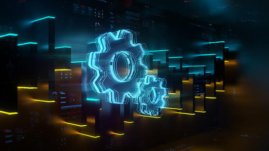 Digital gears on future tech background. Productivity evolution. Futuristic gears and digital chart in world of technological progress and innovation. CGI 3D render