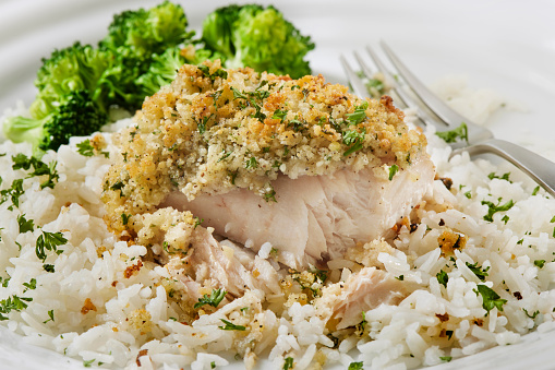 Crispy Baked Parmesan Baked Halibut Fillet with White Rice and Steamed Broccoli