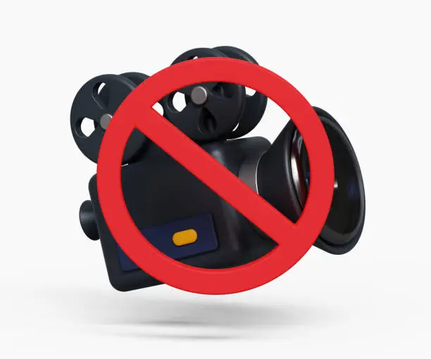 Photo of Warning no video recording icon. Prohibiting video recording, no vlogging, video capture not allowed concept. 3D video camera with ban icon. 3d illustration
