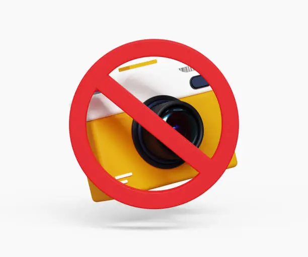 Photo of Warning no camera sign 3D icon. Prohibiting photography, Photo capture not allowed concept. 3D Camera with ban icon. 3d illustration