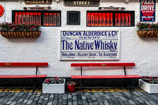 The Commercial Court in the Cathedral Quarter of Belfast, Northern Ireland. Once the commercial heart of the city, it is decorated with old mementoes.