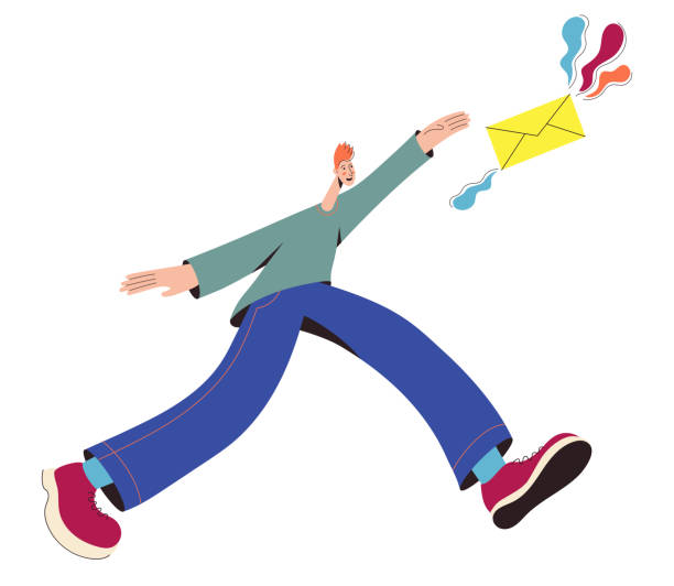 ilustrações, clipart, desenhos animados e ícones de homem feliz correndo e pegando um envelope com boas notícias. boas notícias, e-mail, conceito de feedback positivo - mail cheerful new surprise