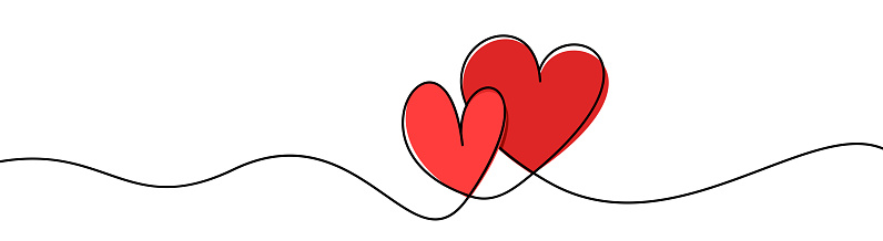 Two red hearts continuous wavy line art drawing on white background. Happy Valentine's day header or banner or letter template. Vector illustration