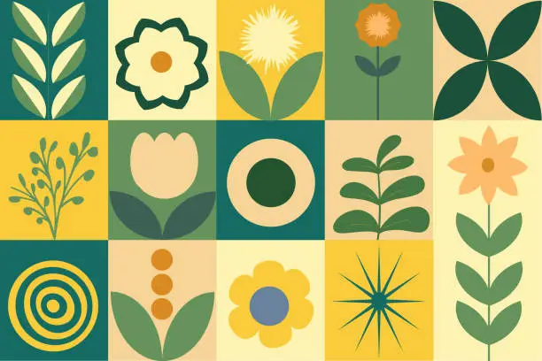 Vector illustration of Geometric seamless floral eco pattern. Natural mosaic background with flowers, plants and simple forms. Neo geo art. Swiss style.