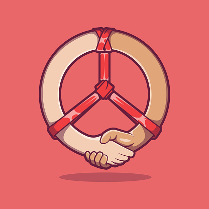 Two hands connected by the peace sign give a handshake vector illustration. Love, Diversity design concept.