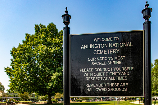 Entrance sign to Arlington National Cemetery, the most famous cemetery in the military world in Washington DC, USA.
