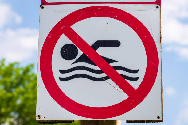 istock Swimming prohibited sign. Background with selective focus and copy space 1917825868