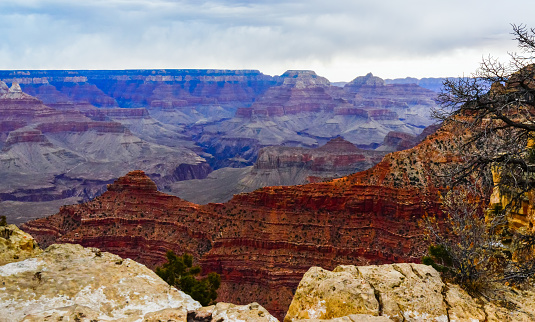 Panoramic view of the river valley and red rocks. Grand Canyon National Park with Colorado river in Arizona, USA