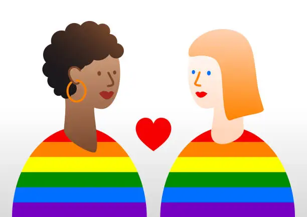 Vector illustration of A lesbian couple in rainbow shirts