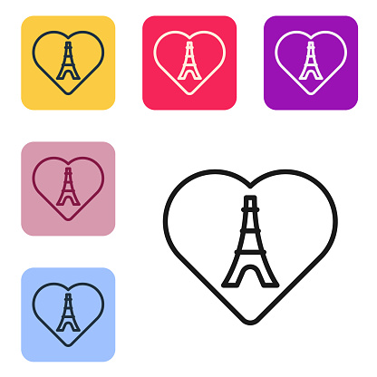 Black line Eiffel tower with heart icon isolated on white background. France Paris landmark symbol. Set icons in color square buttons. Vector.