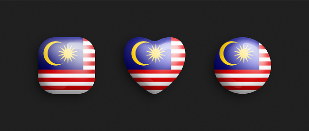 Malaysia Official National Flag 3D Vector Glossy Icons In Rounded Square, Heart And Circle Form Isolated On Background. Malaysian Sign And Symbols Graphic Design Elements Volumetric Buttons Collection