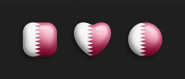 Vector illustration of Qatar Official National Flag 3D Vector Glossy Icons Isolated On Black Background