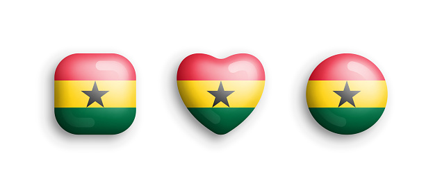 Ghana Official National Flag 3D Vector Glossy Icons In Rounded Square, Heart And Circle Form Isolated On White Back. Ghanaian Sign And Symbols Graphic Design Elements Volumetric Buttons Collection