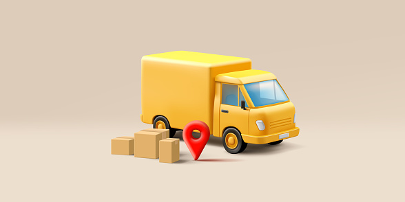 Yellow delivery truck with carton boxes and red pin geo tag icon, 3d render illustration, cartoon style