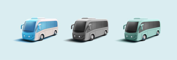 3d realistický autobus render ilustrace v různých barvách, moderní koncepční vůz veřejné dopravy - autobusy stock ilustrace