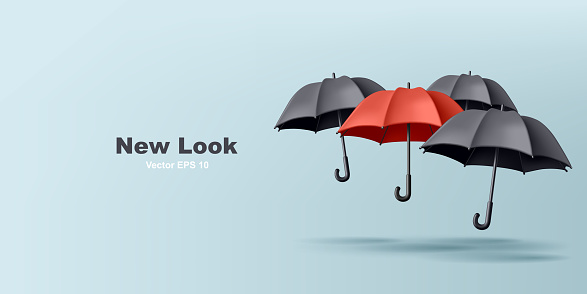 Realistic rain umbrella 3d render illustration of red and black umbrellas, fashion new look