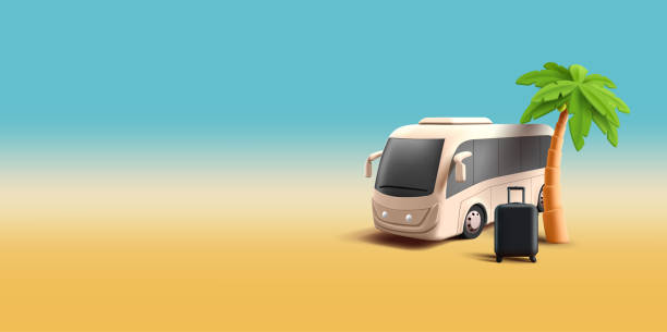 istock Summer bus tour 3d render illustration with bus, palm and black suitcase, beach tour with friends 1917881716
