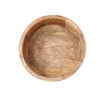 One wooden bowl isolated on white, top view. Cooking utensil