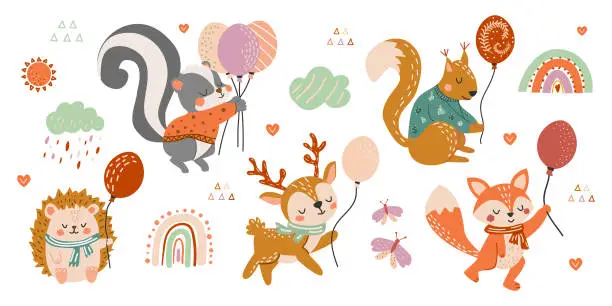 Vector illustration of Set of cute forest animals with balloons.