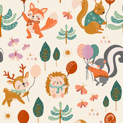 Cute woodland animals seamless pattern. Baby pattern for fabric. Deer, squirrel, fox, skunk, butterflies, forest, trees. Creative print for fabric, children's room. Nursery pattern in flat cartoon style.