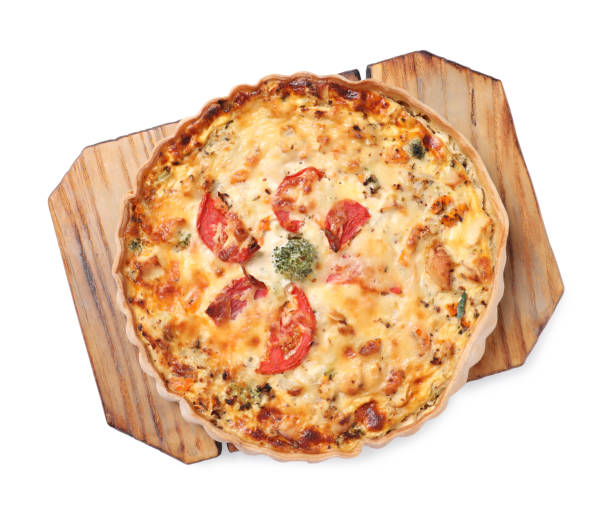 istock Tasty quiche with tomatoes and cheese isolated on white, top view 1917915484