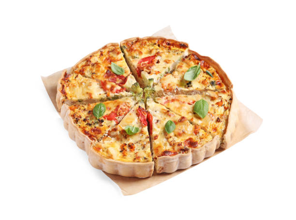 istock Tasty quiche with tomatoes, basil and cheese isolated on white 1917922297
