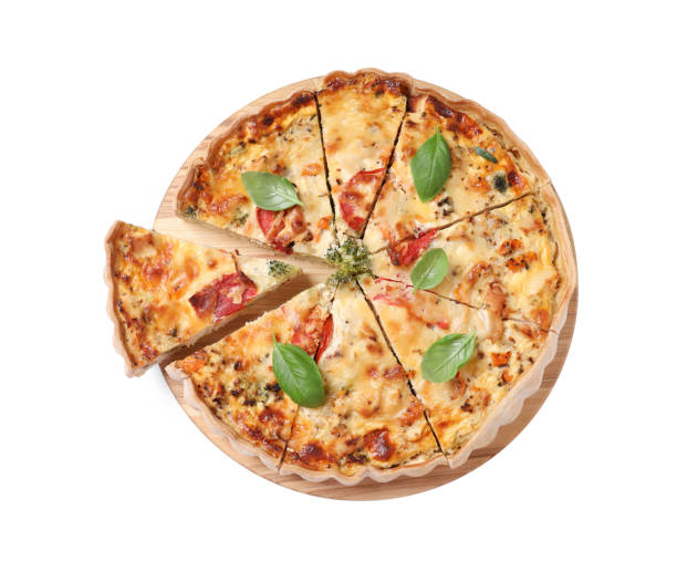 Board with tasty quiche isolated on white, top view