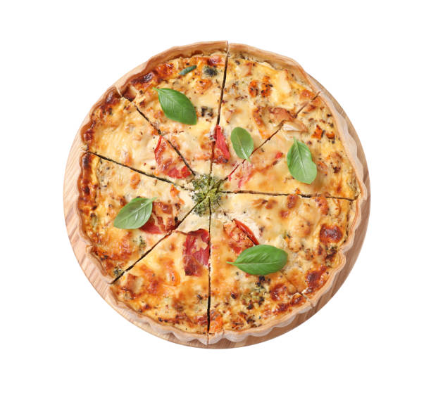 istock Board with tasty quiche isolated on white, top view 1917922811