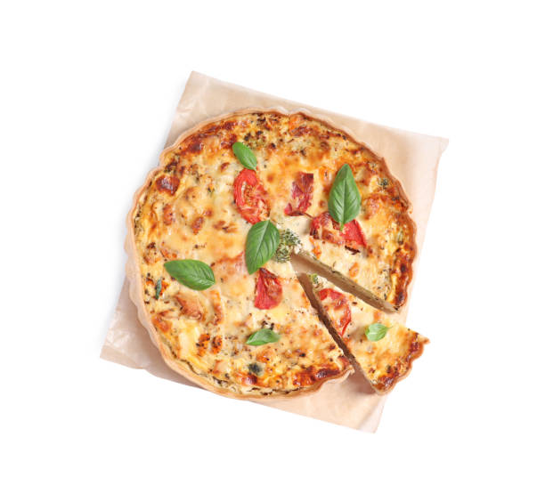 istock Tasty quiche with tomatoes, basil and cheese isolated on white, top view 1917923331