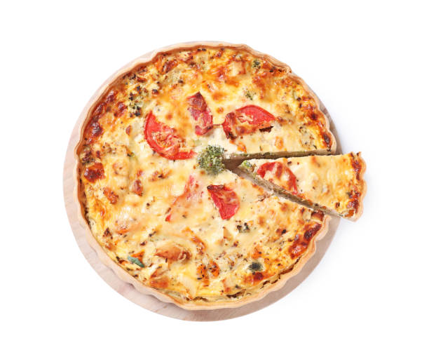 istock Tasty quiche with tomatoes and cheese isolated on white, top view 1917923855