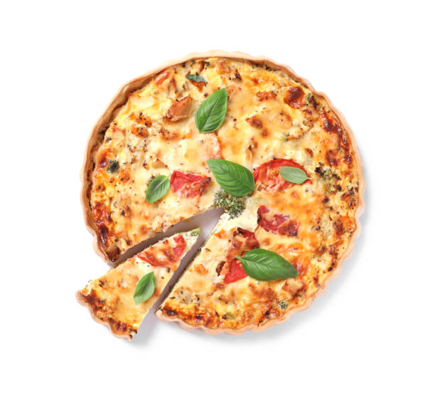 istock Tasty quiche with tomatoes, basil and cheese isolated on white, top view 1917925923